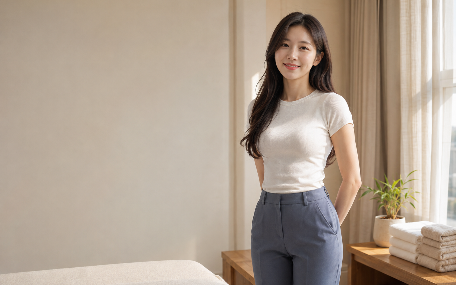 서울 건대 방문 홈케어를 안내하는 젊은 성인 한국 여성 관리사